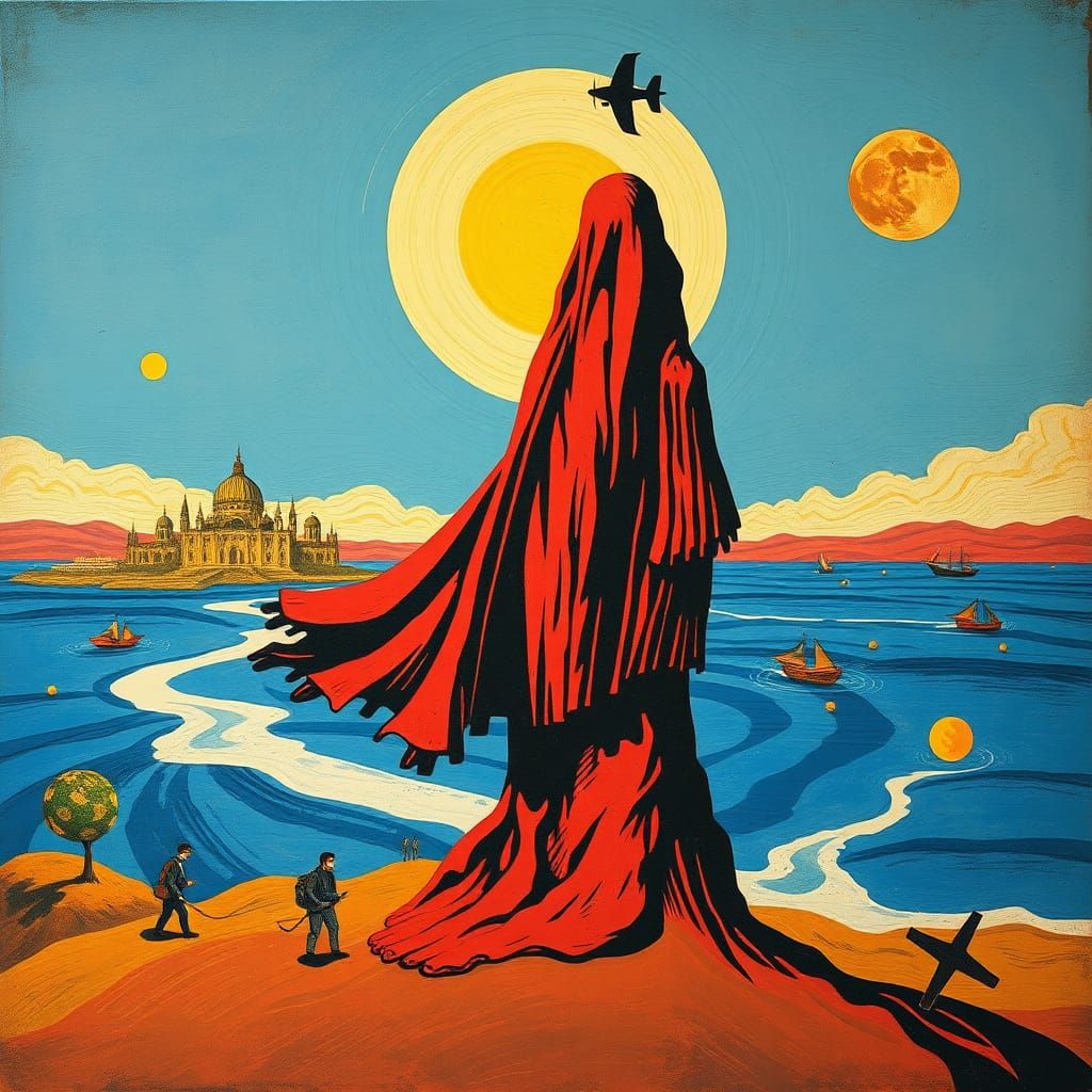 Surreal Vintage Travel Poster in Woodcut Style