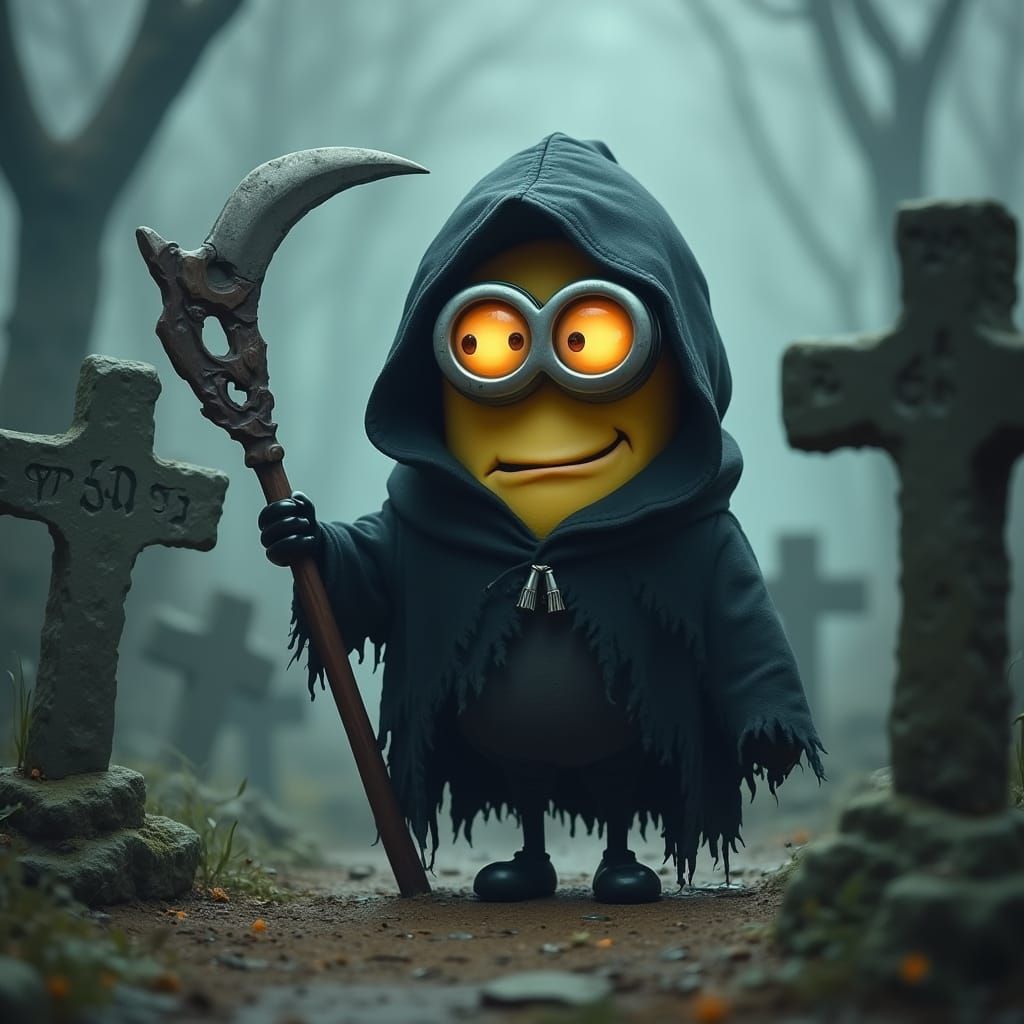 Grim Reaper Minion Stands Watch in Eerie, Whimsical Graveyar...