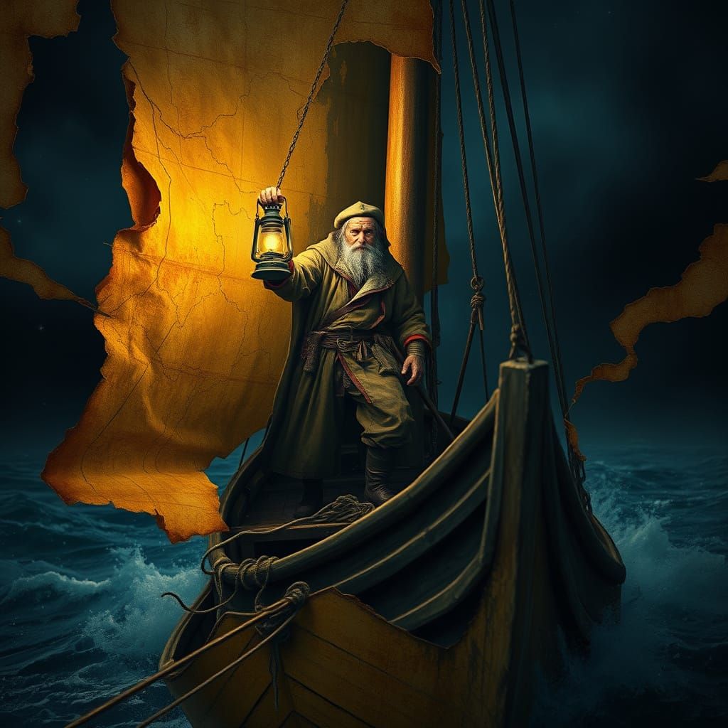 Weathered Sailor in Ancient World Map