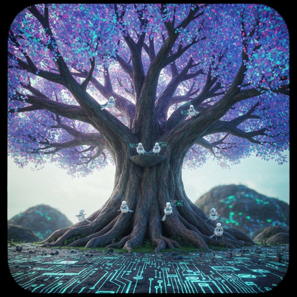 Ancient Tree with Digital Leaves and Robotic Birds