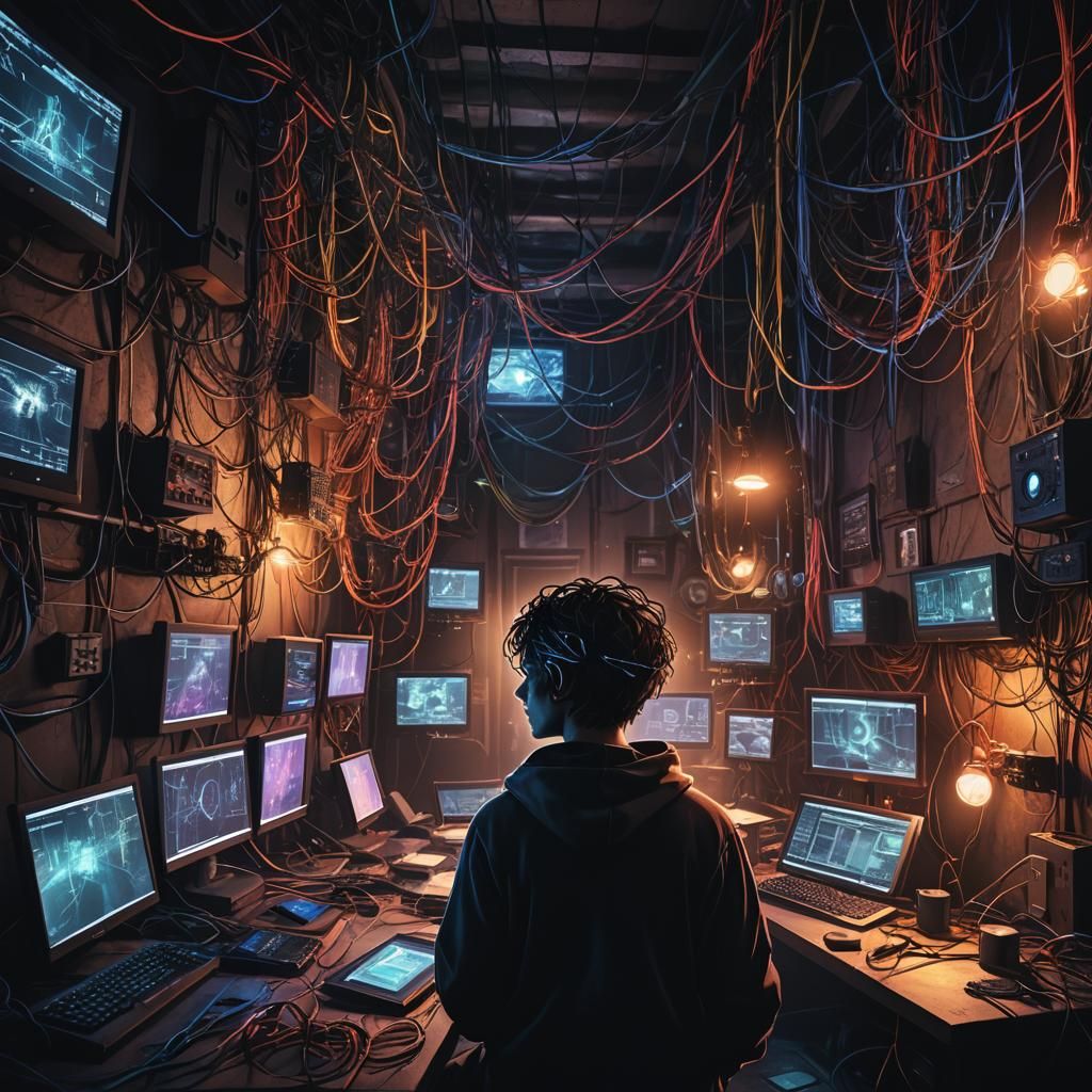Hacker in Dimly Lit Basement: Dark Fantasy Oil Painting