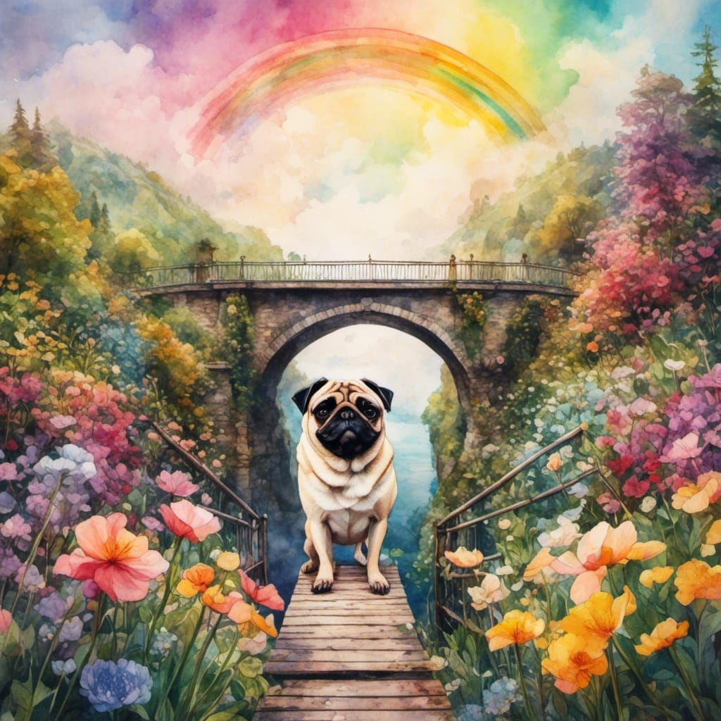 Pug on Rainbow Bridge with Flowers