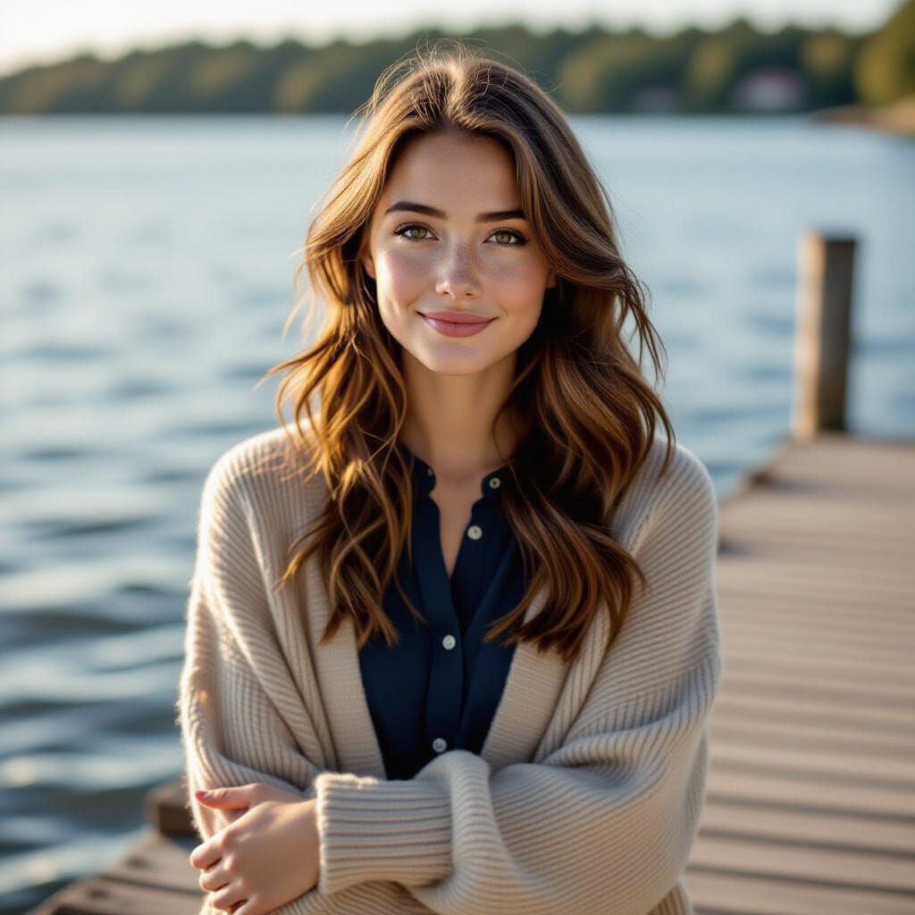 Shy Woman on Lakeside Jetty in Autumn Sunlight