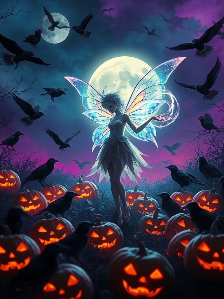 Moonlit Fairy Conjures Magic in Neon Pumpkin Patch