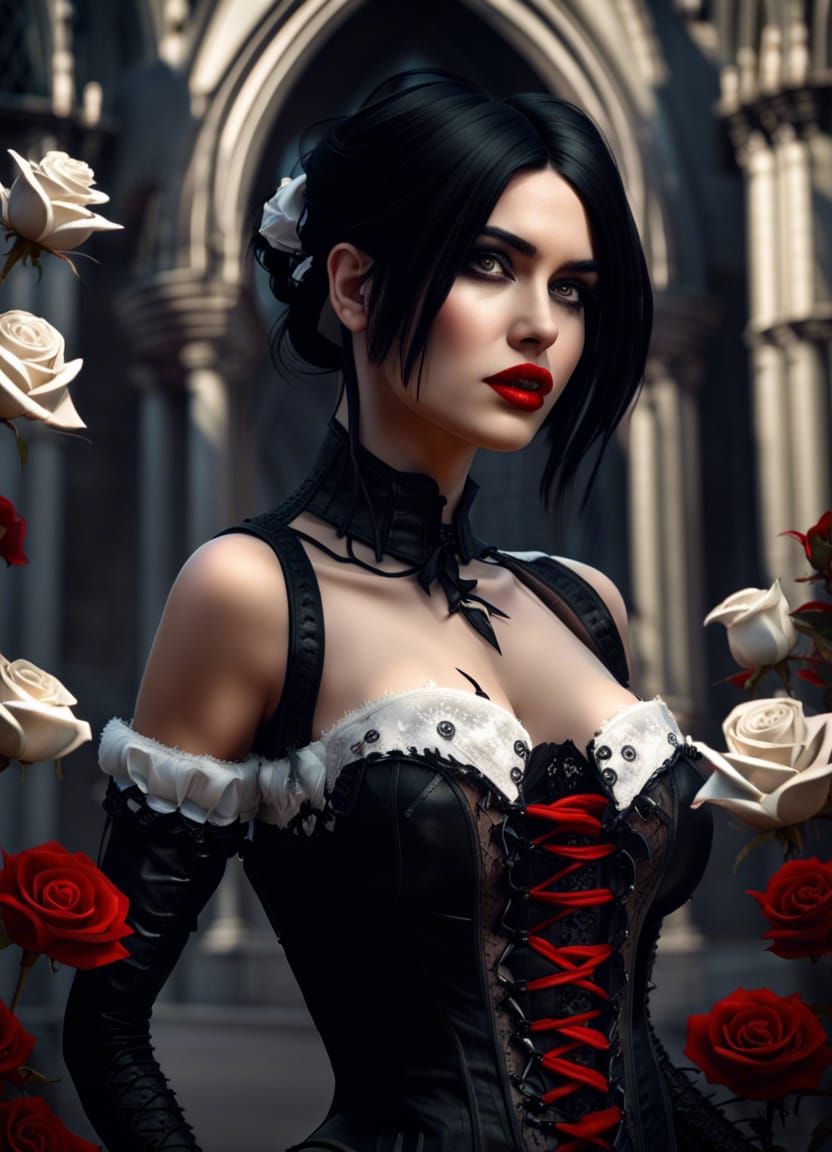 Gothic Woman with Roses in Dark Fantasy Style