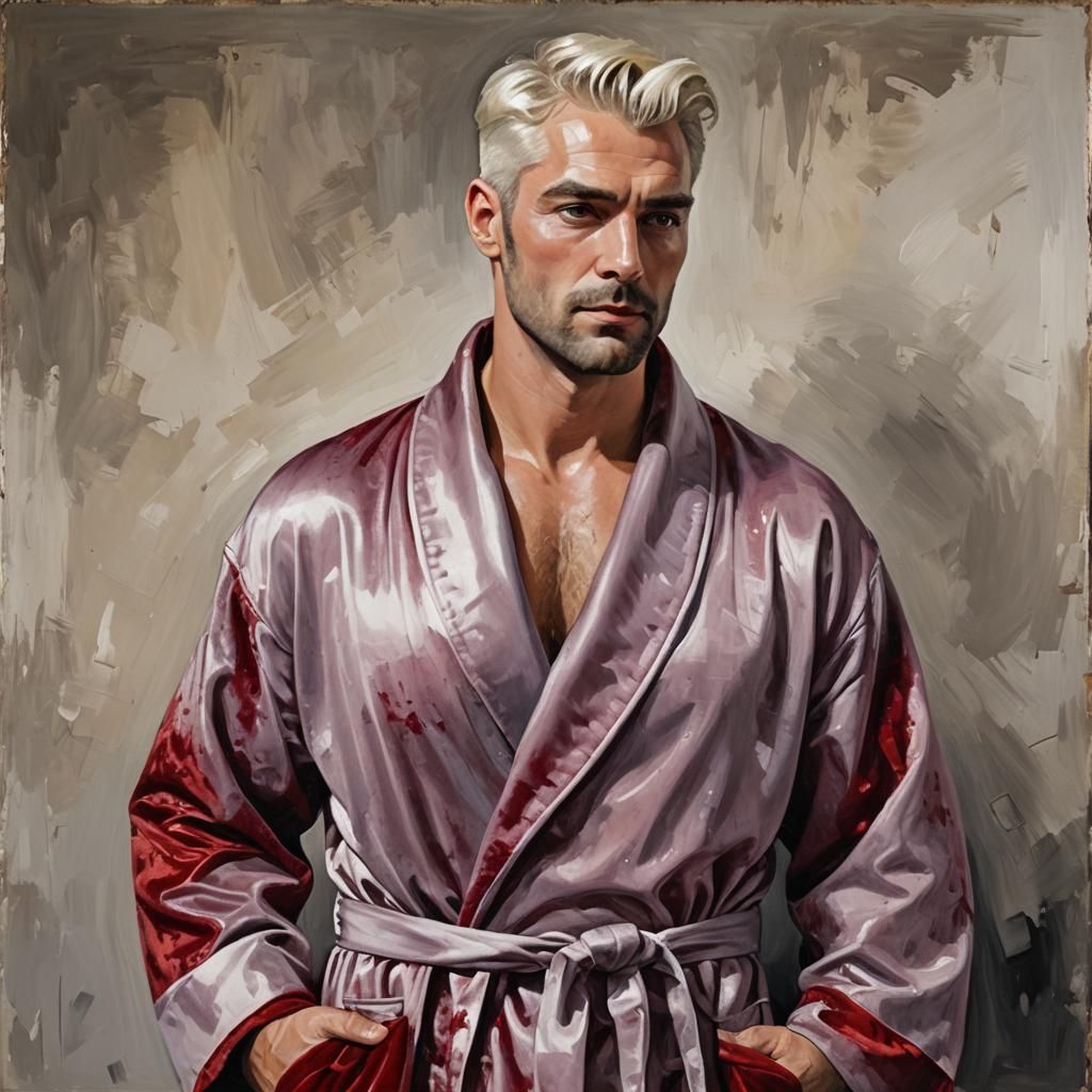 Handsome Blond Man in Red Velvet Bathrobe, Impasto Style