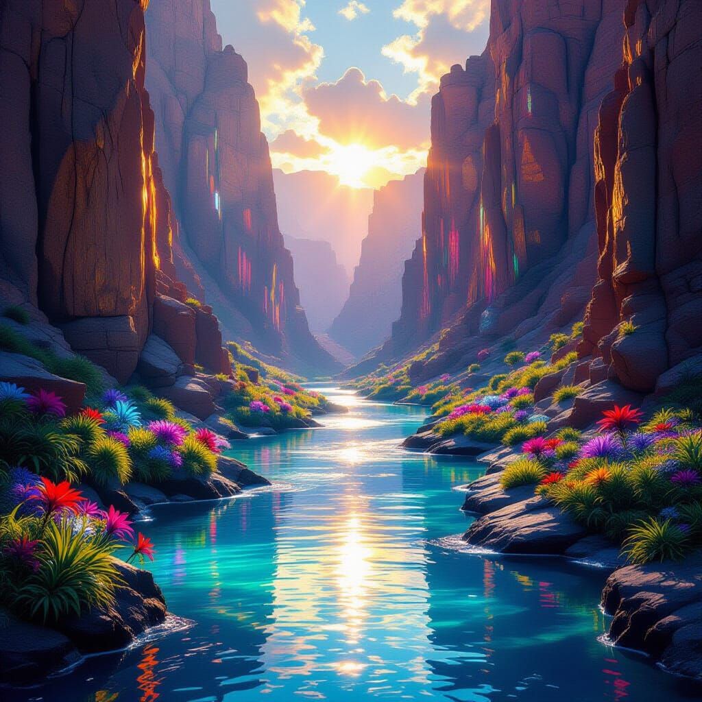 Majestic Crystalline Canyon River with Alien Flora