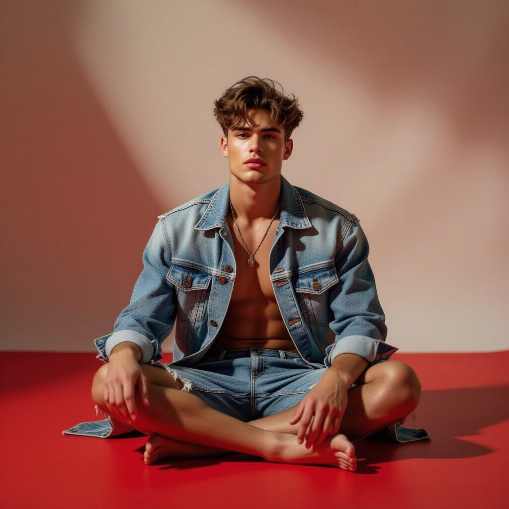 Male Model in Ripped Denim in Red Studio