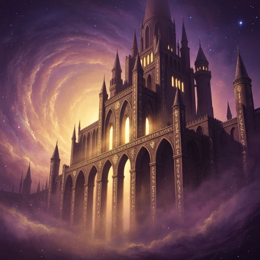 Ancient Palace in Cosmic Nebula with Glowing Runes