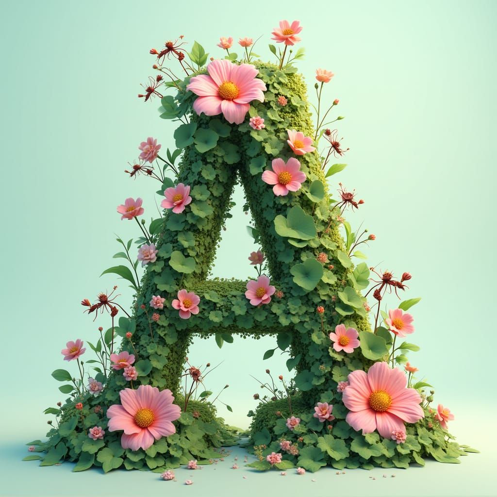 Floral Letter A in Vibrant 3D Anime Style