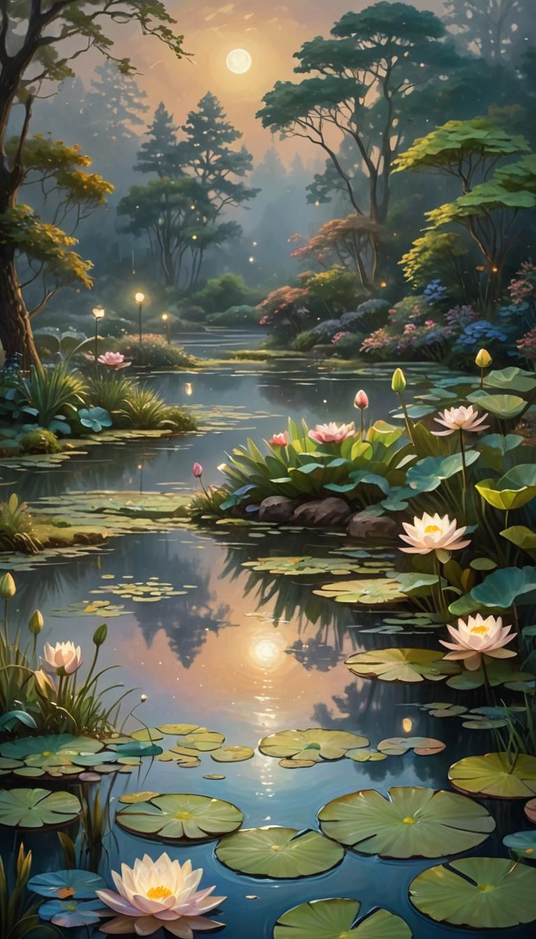 Ethereal Garden with Moonlit Lake, Digital Painting