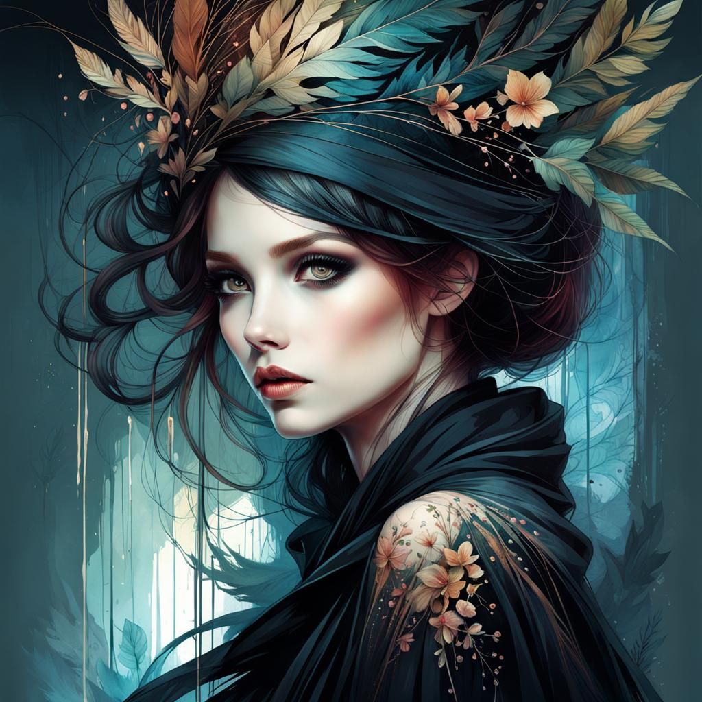 Moody Girl in Black: Hyperdetailed Digital Painting