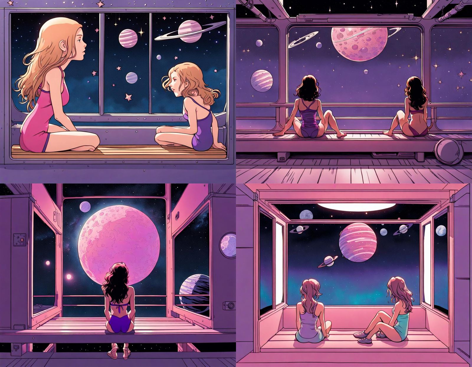 Girls Gaze at Planets from Spaceship Window