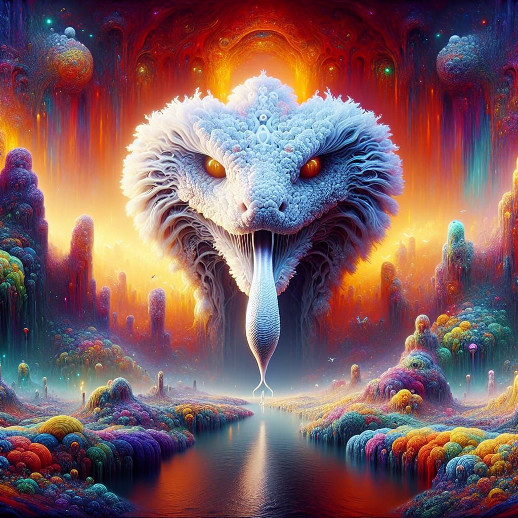 White Snake in a Psychedelic Surreal Landscape