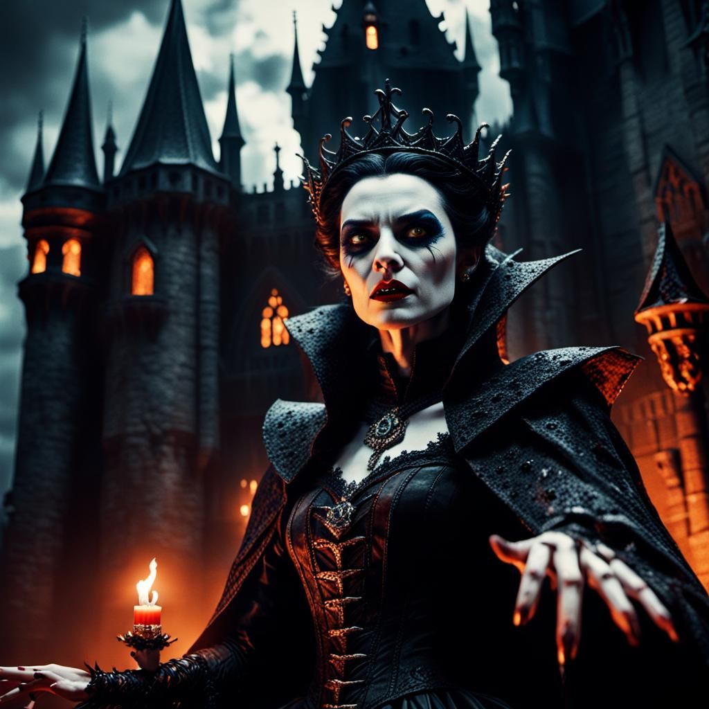 {With a wicked grin, the vampire queen raises her hand and unleashes a powerful blast of dark magic, her enemies falling...