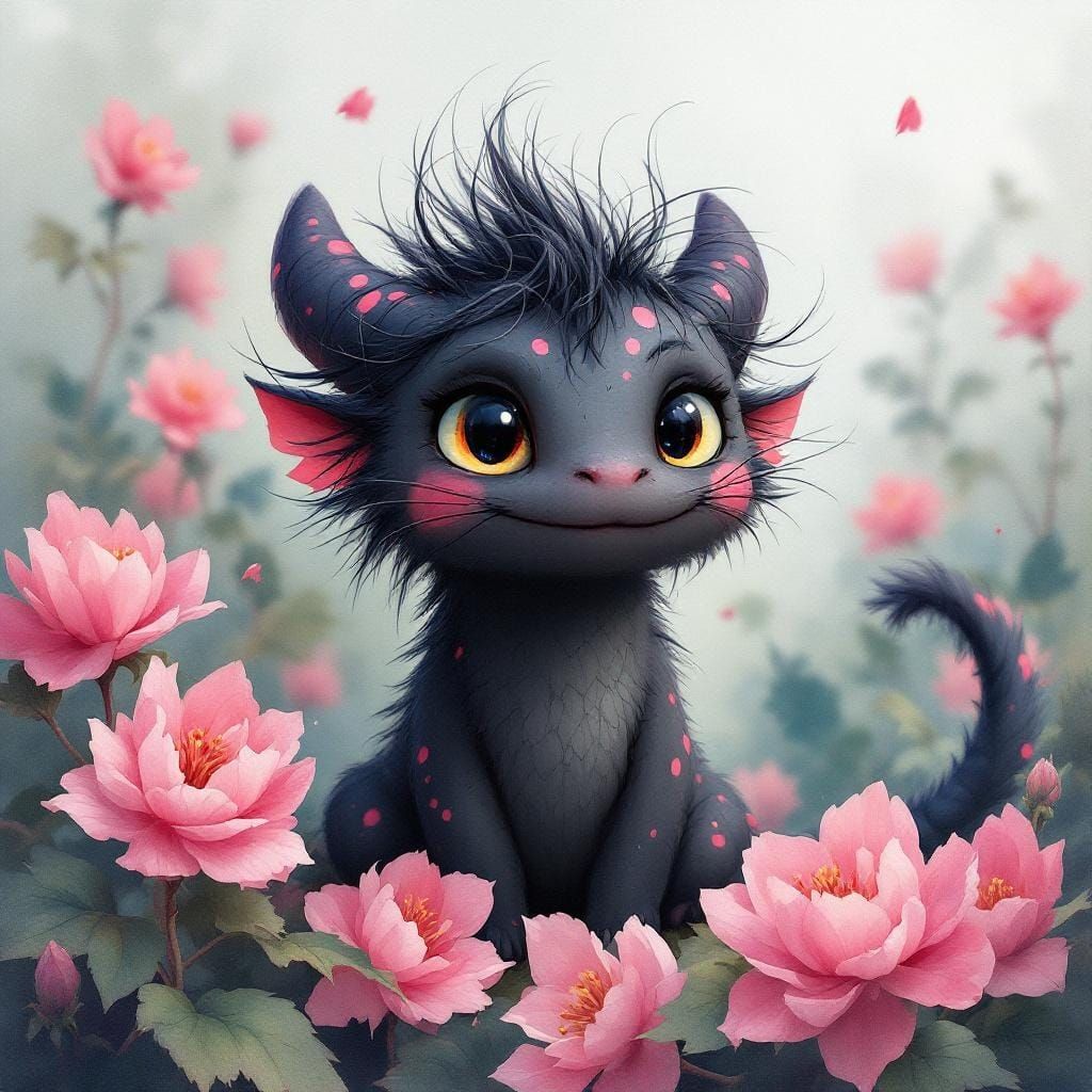 Whimsical Watercolor Dragon with Pink Flowers