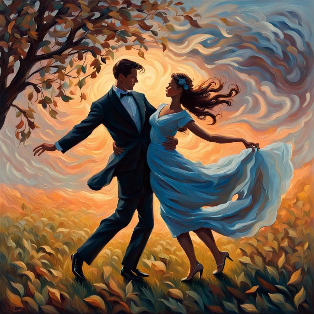 Elegant Couple Dancing at Dusk in Post-Impressionistic Style
