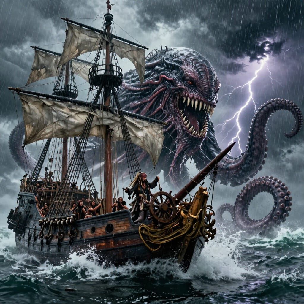 Giant Kraken Attacks The Black Pearl in Epic Storm