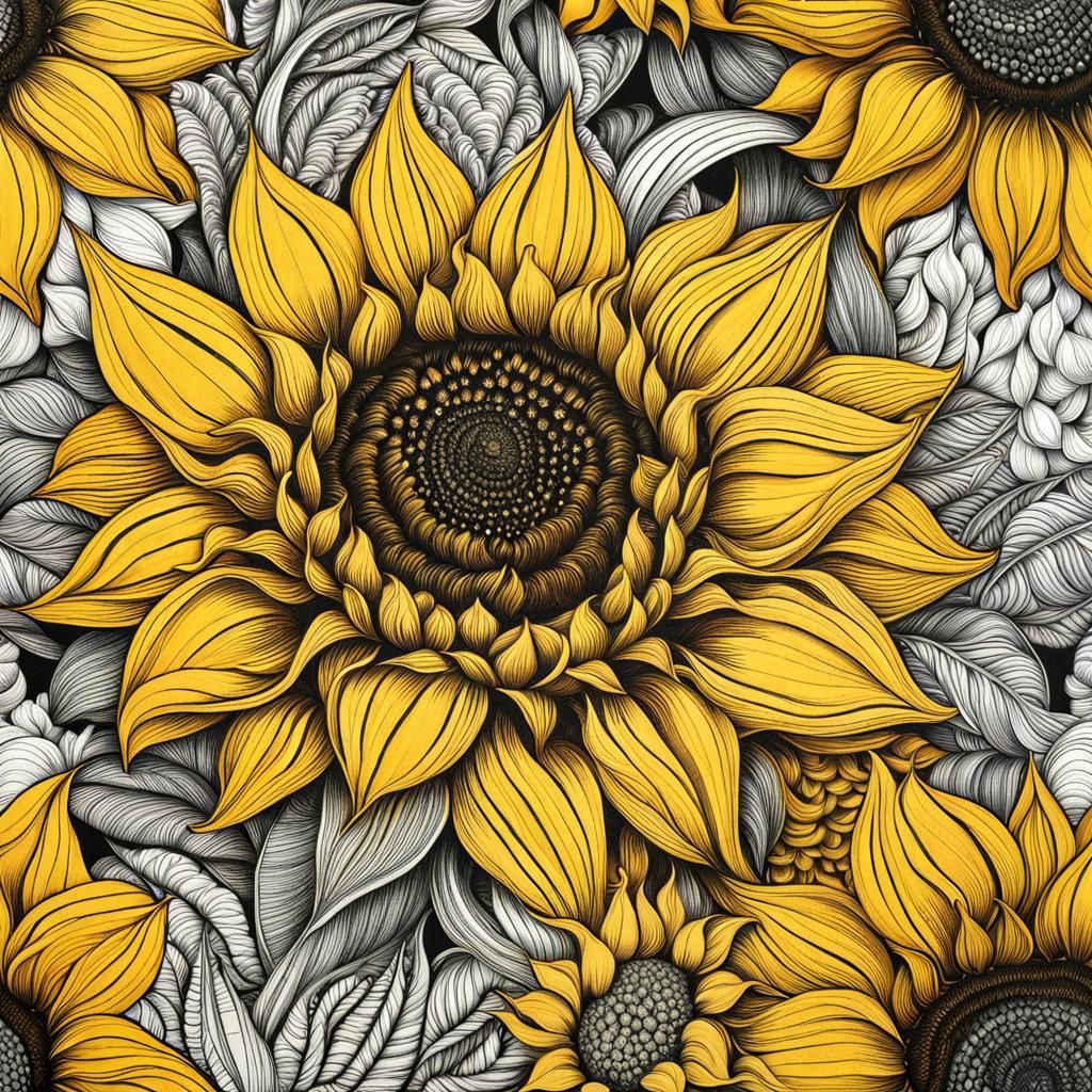 Maximalist Sunflower with Zentangle and 3D Shading