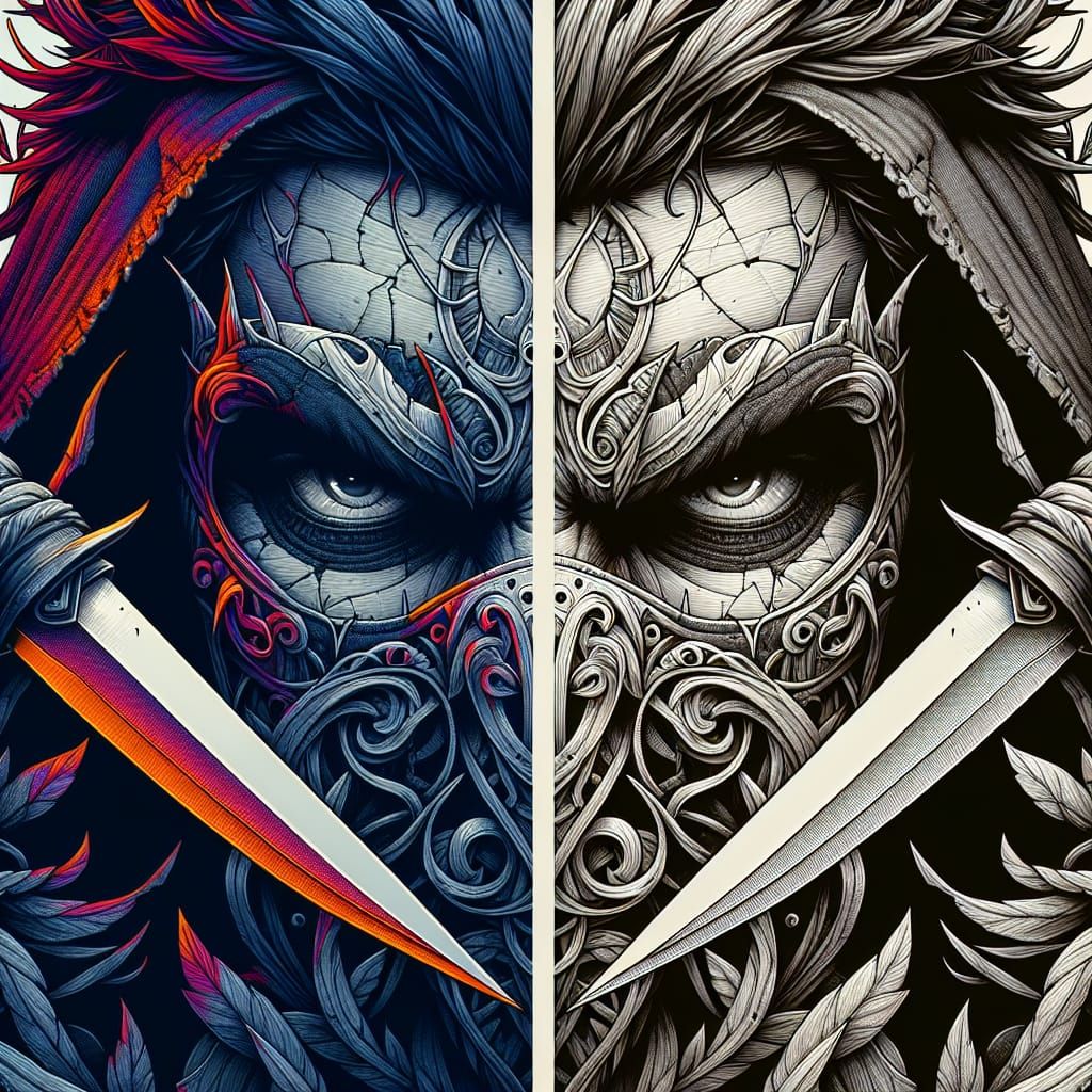 Menacing Masked Face with Sharp Object in Coloring Book Styl...