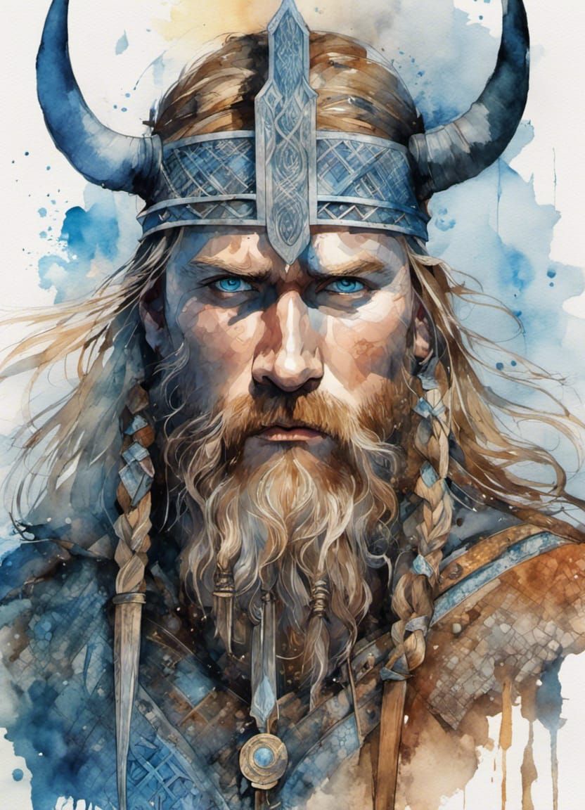 Viking Jarl in Watercolor with Norse Runes