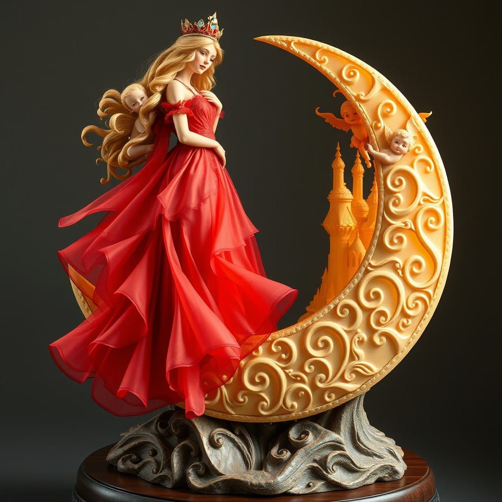 Majestic Princess on a Filigree Moon in Whimsical Fantasy St...
