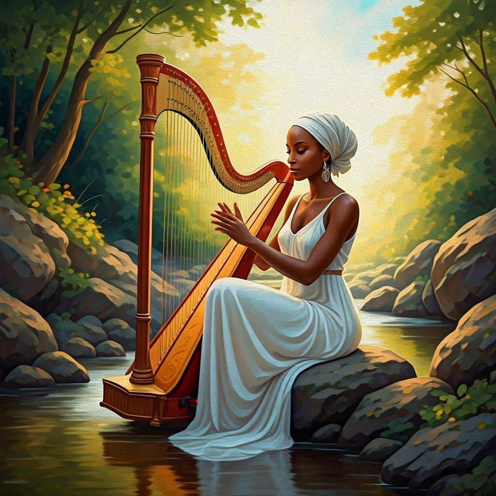 Woman Plays Harp by Stream in Impressionist Style