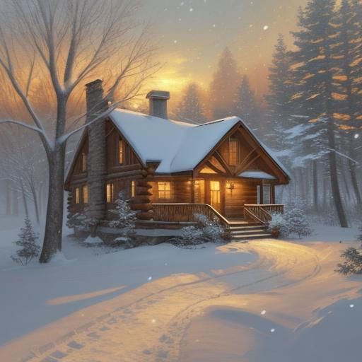 Winter Cabin at Sunset in Luminist Style