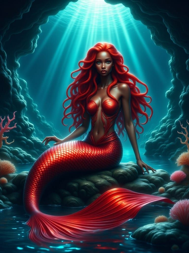 Plus-Size Mermaid in Sunlit Cave: Digital Art