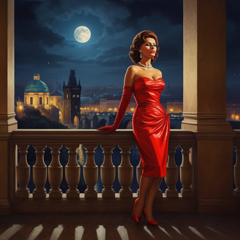 Elegant Woman on Prague Balcony in Oil Painting Style