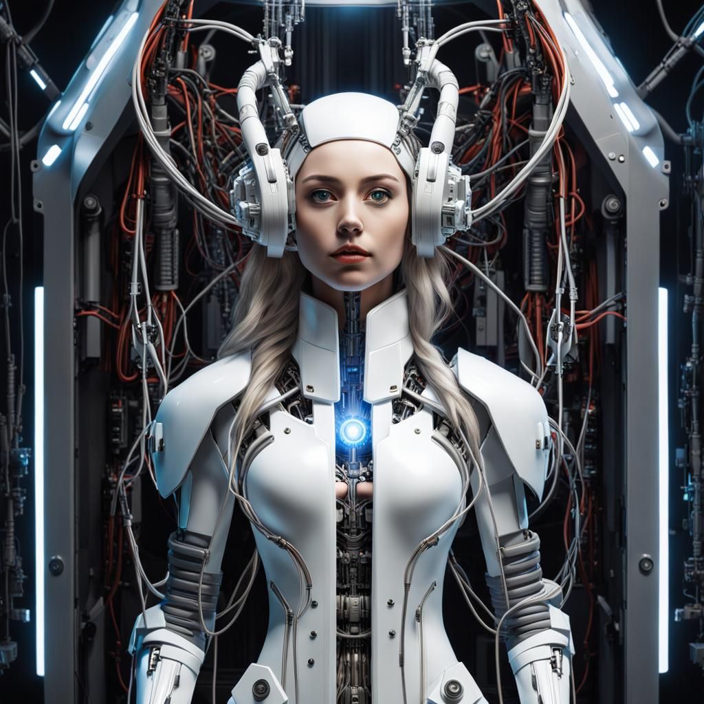 Girl in Futuristic Armor with Visible Cybernetic Organs