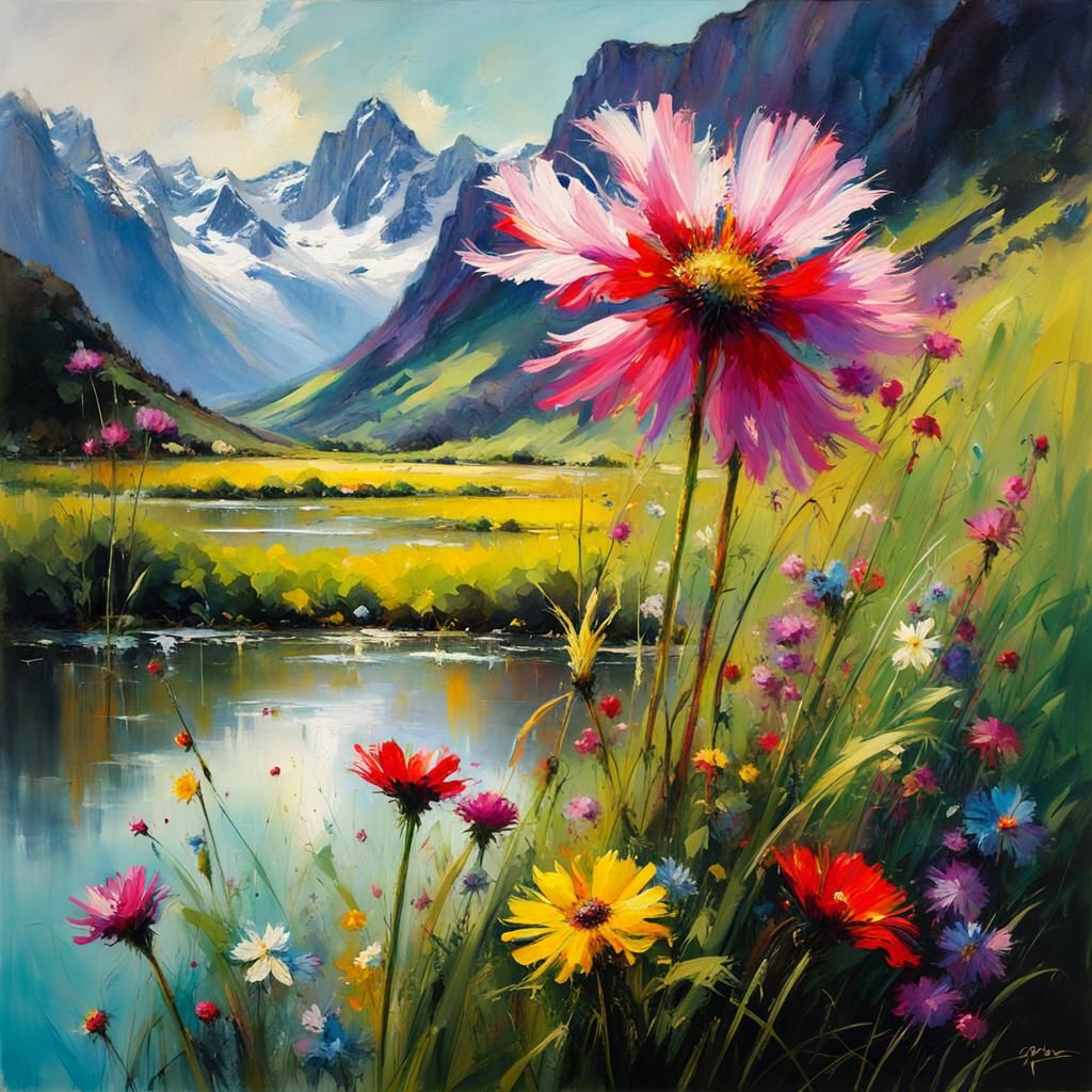 Colorful Flower in Bloom: Matte Painting Style