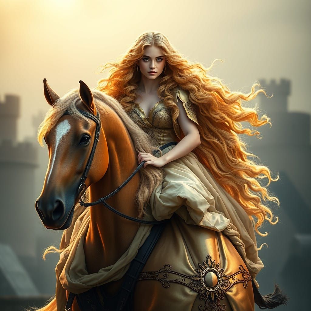 Surreal Pre-Raphaelite Portrait of Lady Godiva Riding Steed...