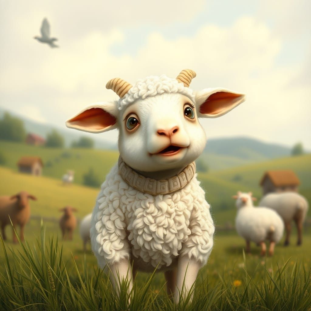 Frightened Lamb in Pastoral Landscape, Whimsical Illustratio...