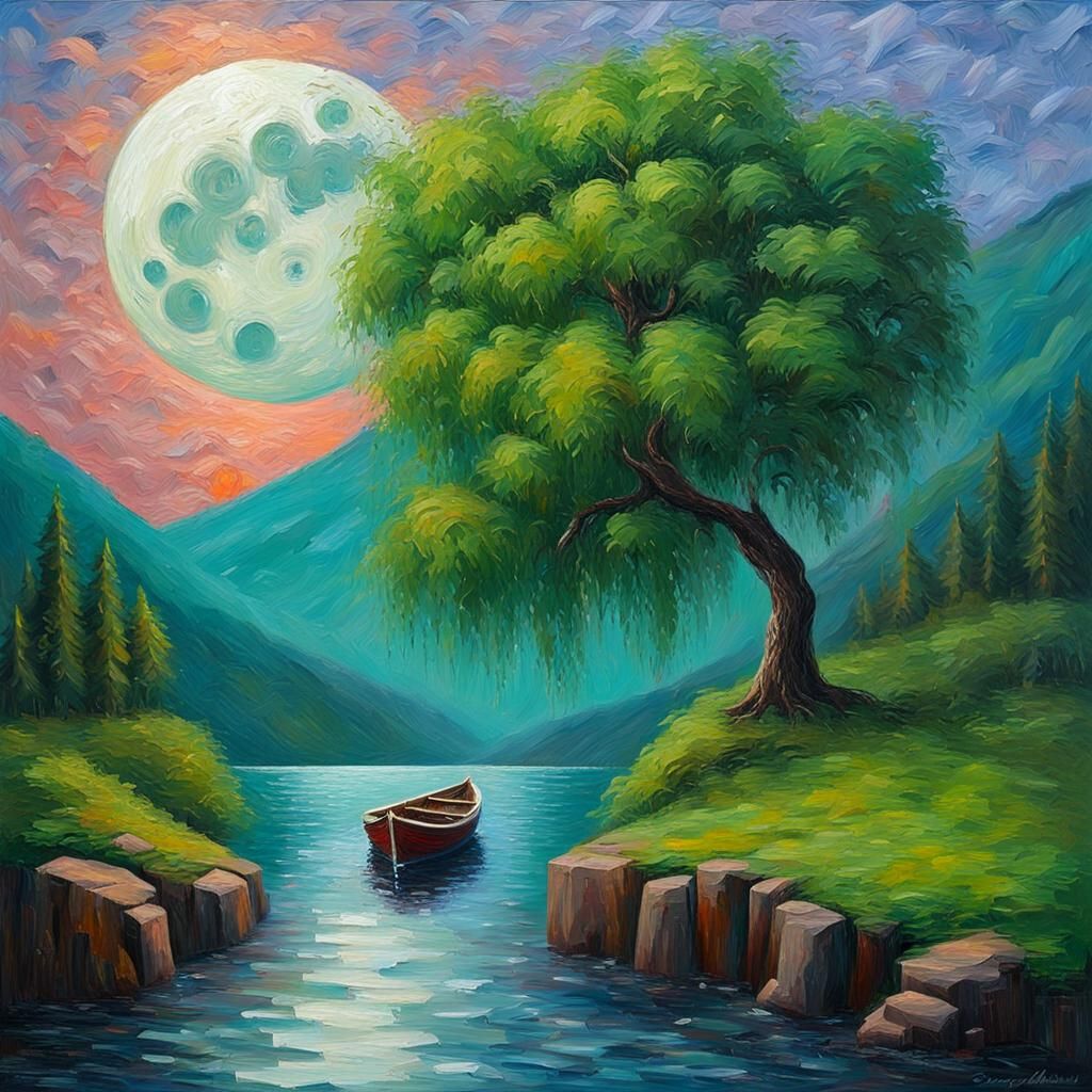 Lush Landscape with Moon in Impressionist Oil Painting