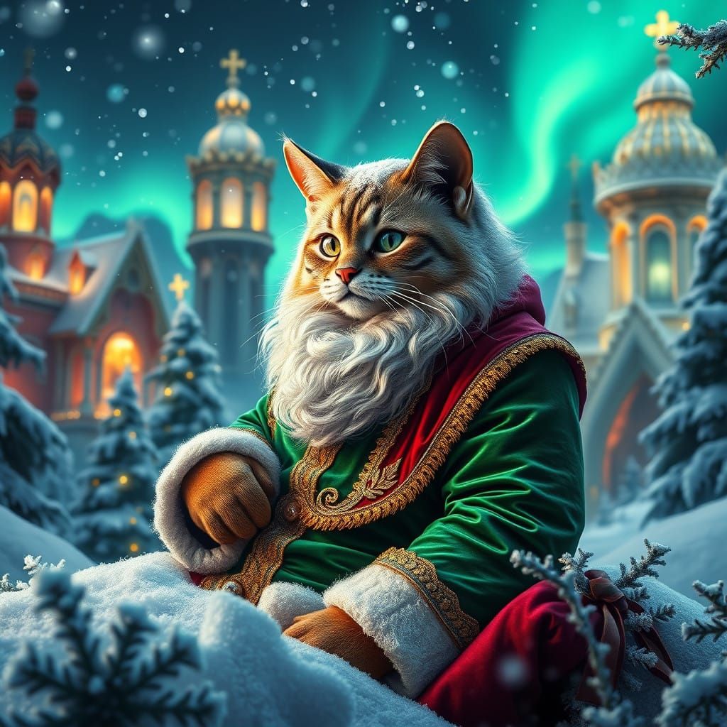 Whiskered Feline Santa Claus in Baroque-Inspired Fantasy Lan...