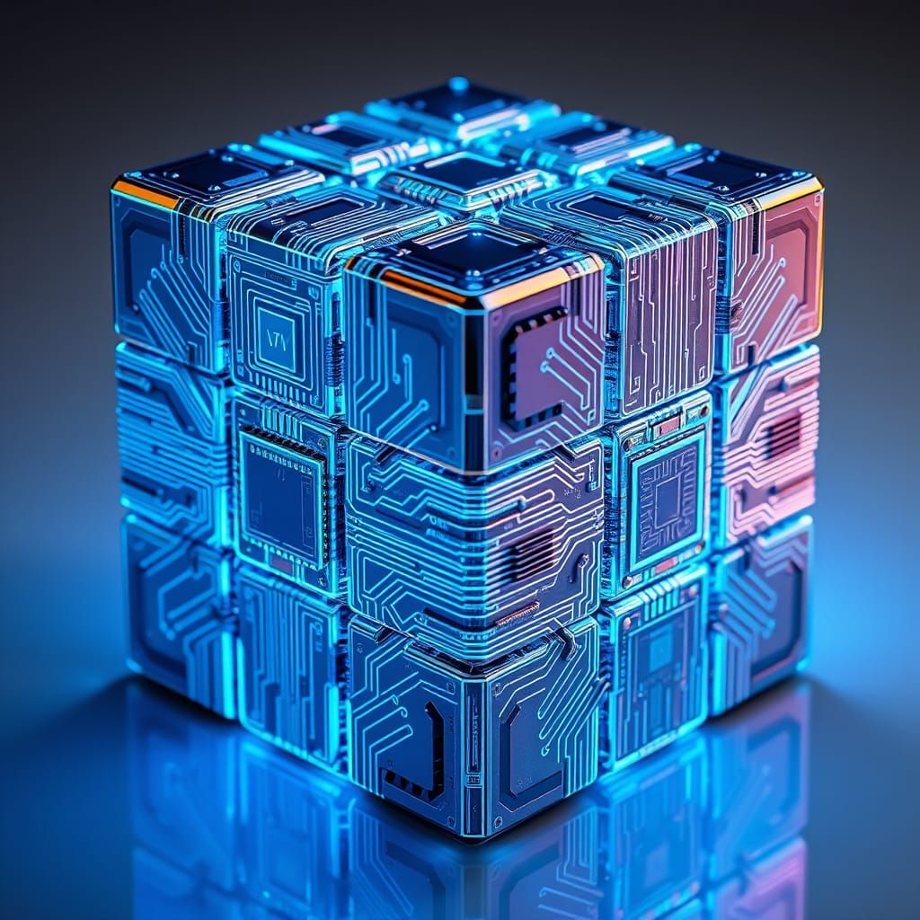 Surreal Cyberpunk Puzzle: Futuristic Rubik's Cube Made of AI...