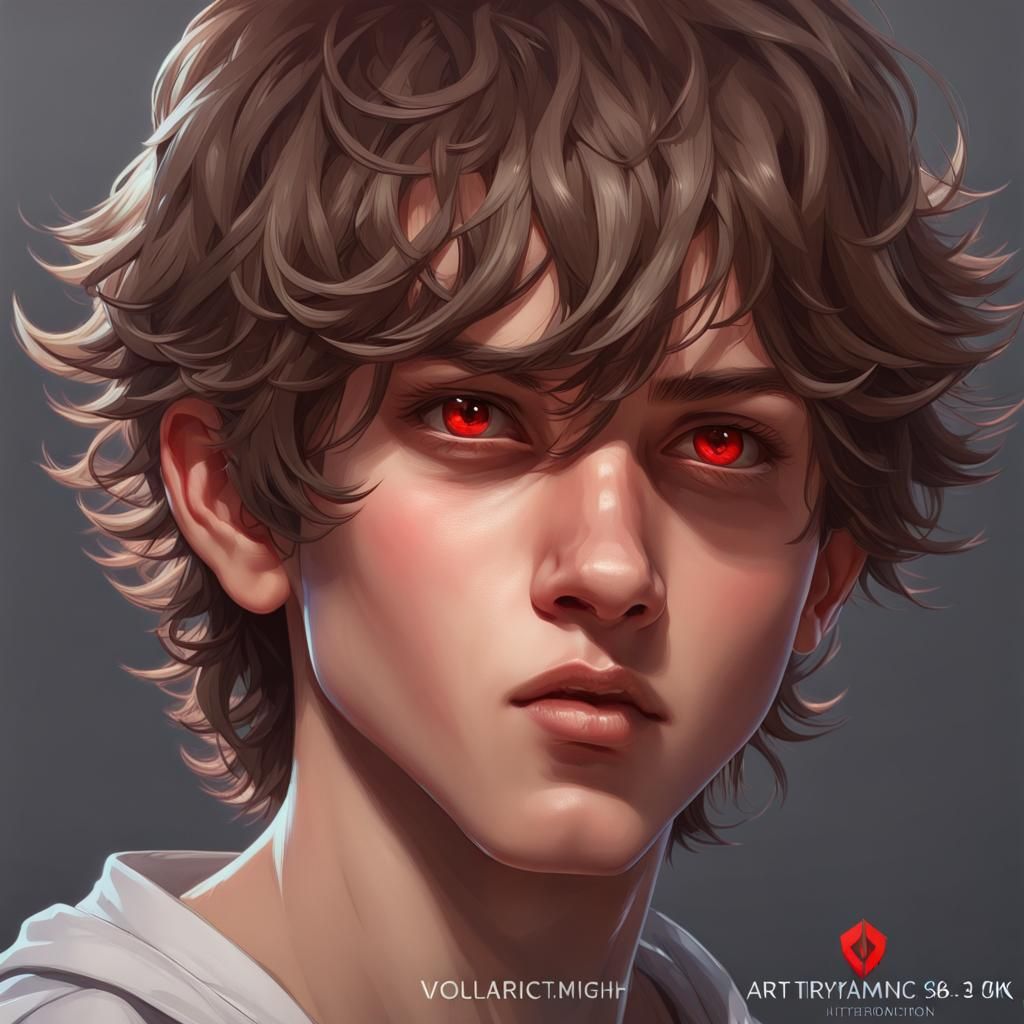 Teenage Boy Portrait with Red Eyes, Detailed Art