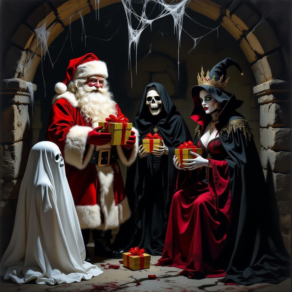 Gothic Oil Painting of Santa with Crypt Creatures