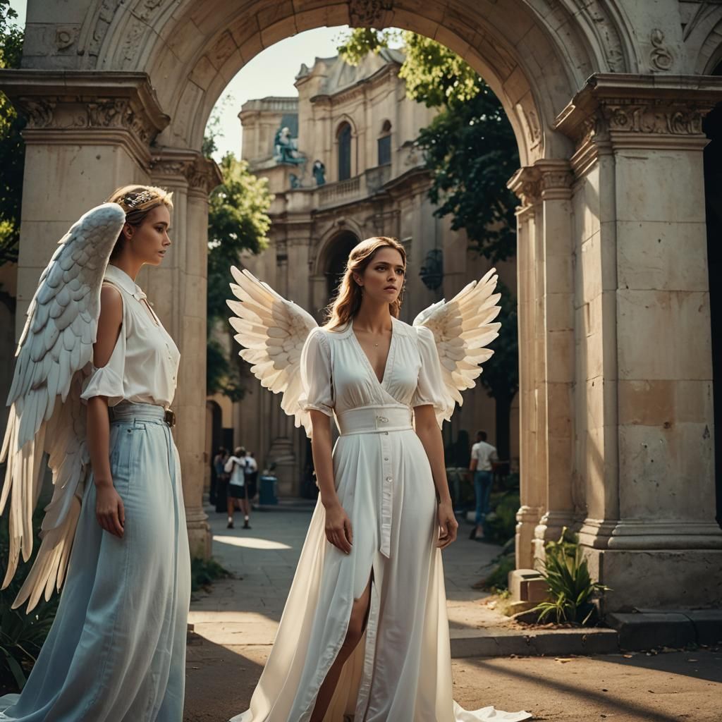 Woman and Angel near Archway in Cinematic Style