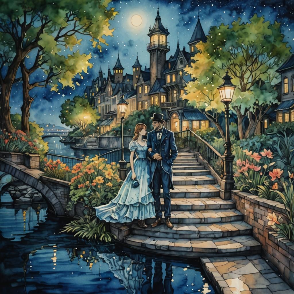 Steampunk Watercolor Night Garden Reflection