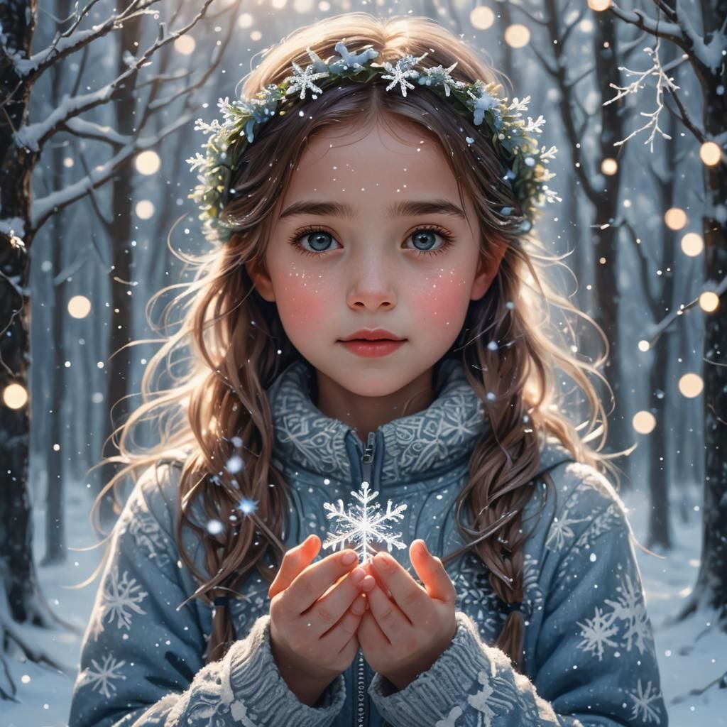 Girl with Magical Snowflake in Snowy Forest