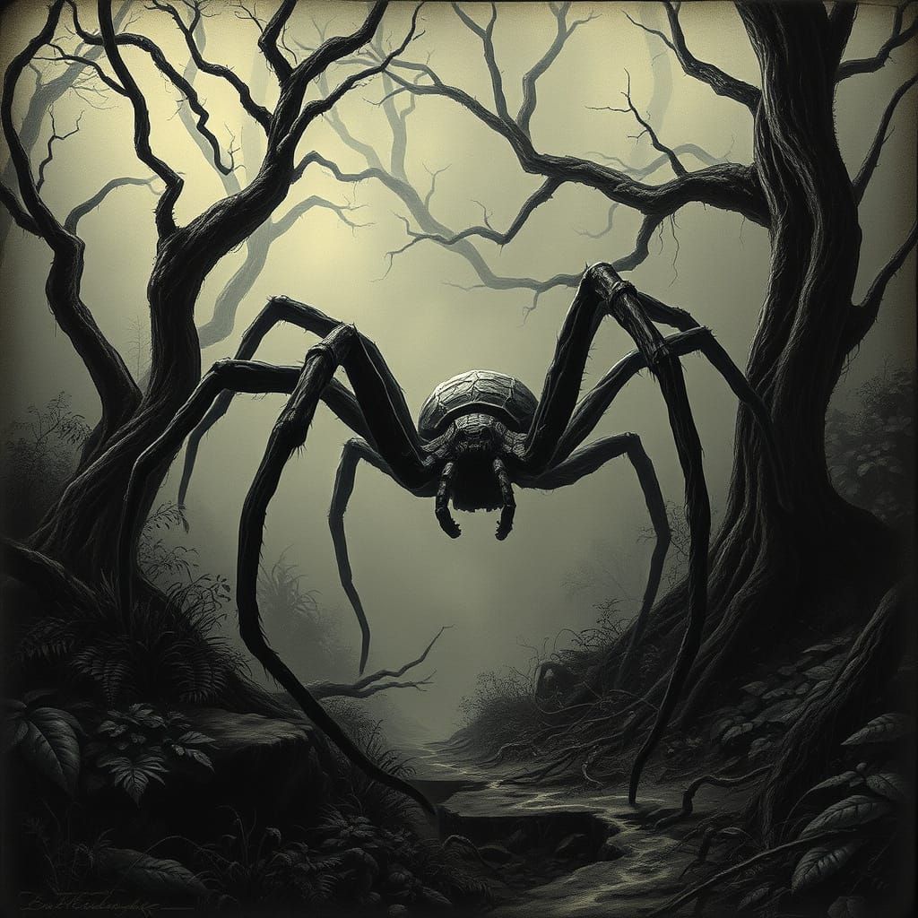 Eerie Giant Spider in Misty Rainforest, Etching Style