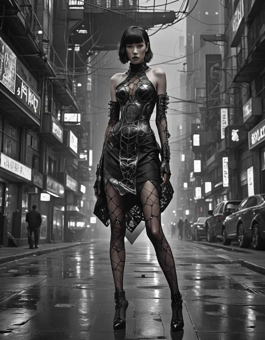 A full body photo of a defiant muse, clad in a cyberpunk fil...