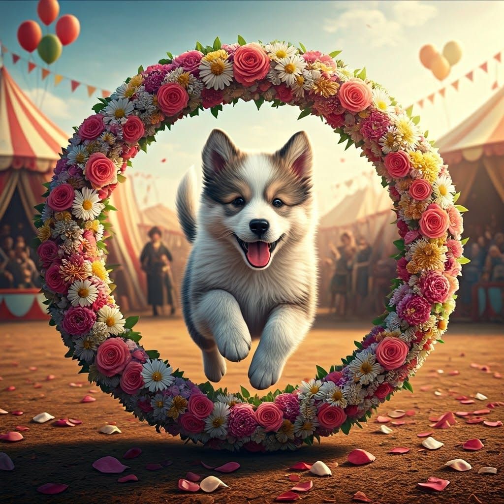 Playful Puppy Jumps Through Vibrant Floral Wreath in a Bustl...