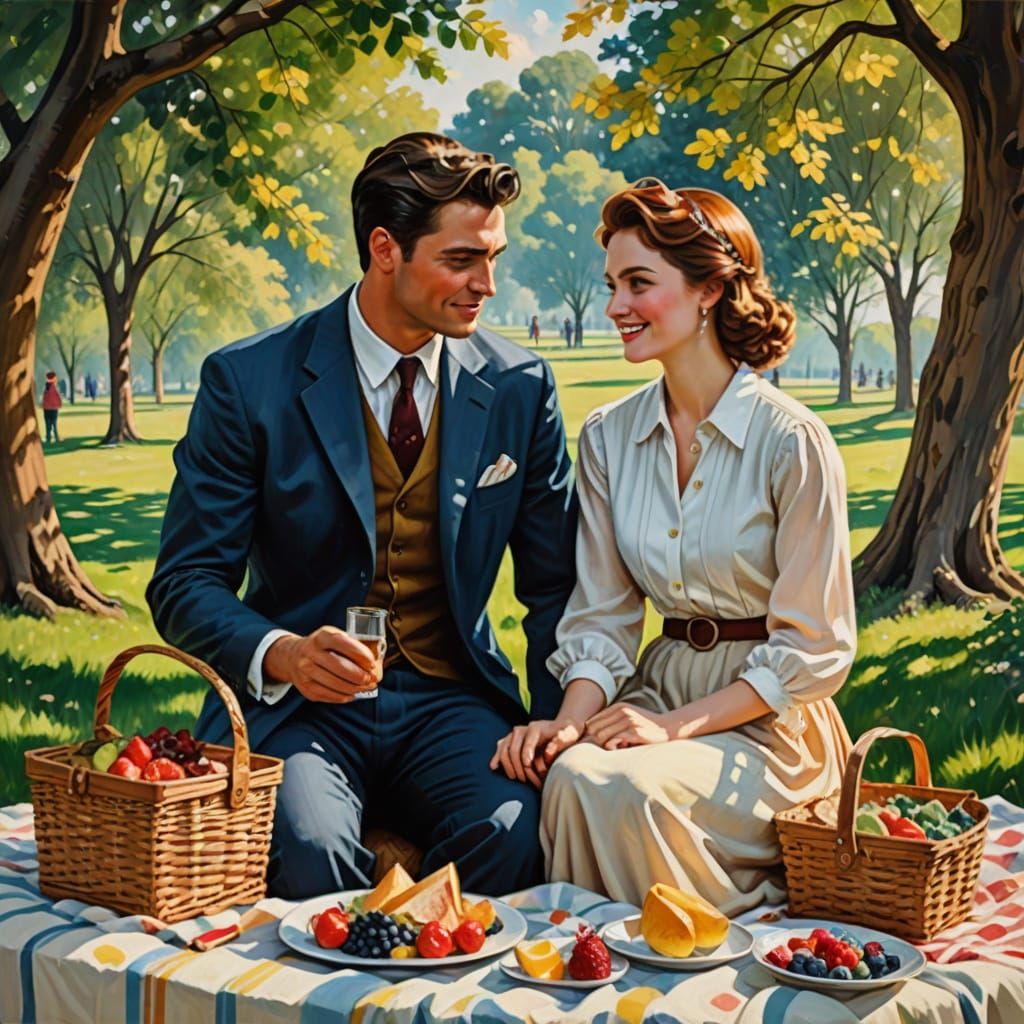 Idyllic Oil Painting of a Charming Picnic Couple