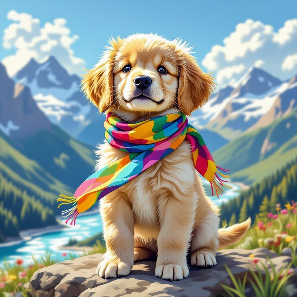 Golden Retriever Puppy on Sunny Mountaintop