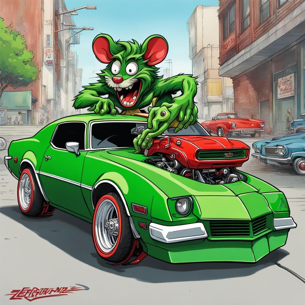 Rat Fink and Red Camaro Z28 in Anime Style