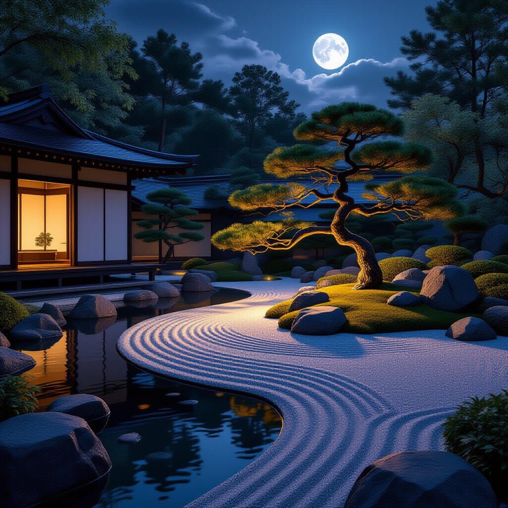 Tranquil Japanese Garden at Dusk with Bonsai Tree