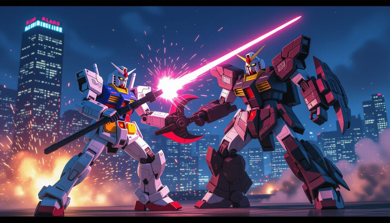 Mechas Clash in Futuristic Cityscape